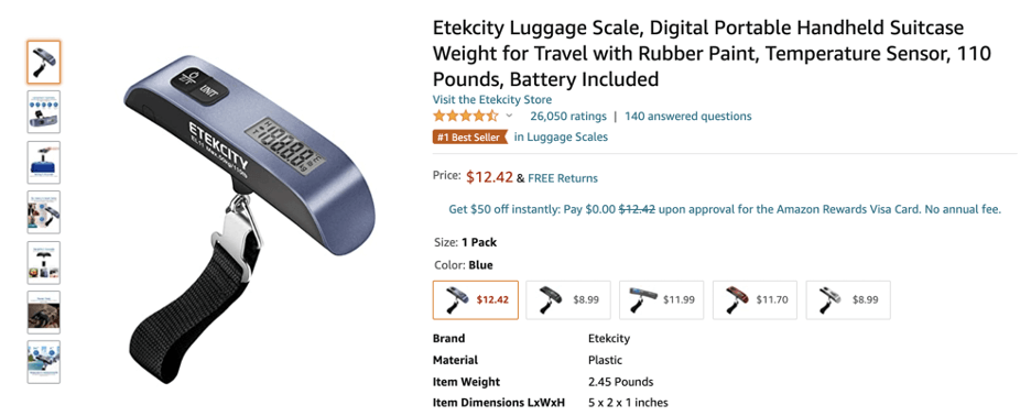 Etekcity Digital Portable Handheld Baggage Scale For Travel