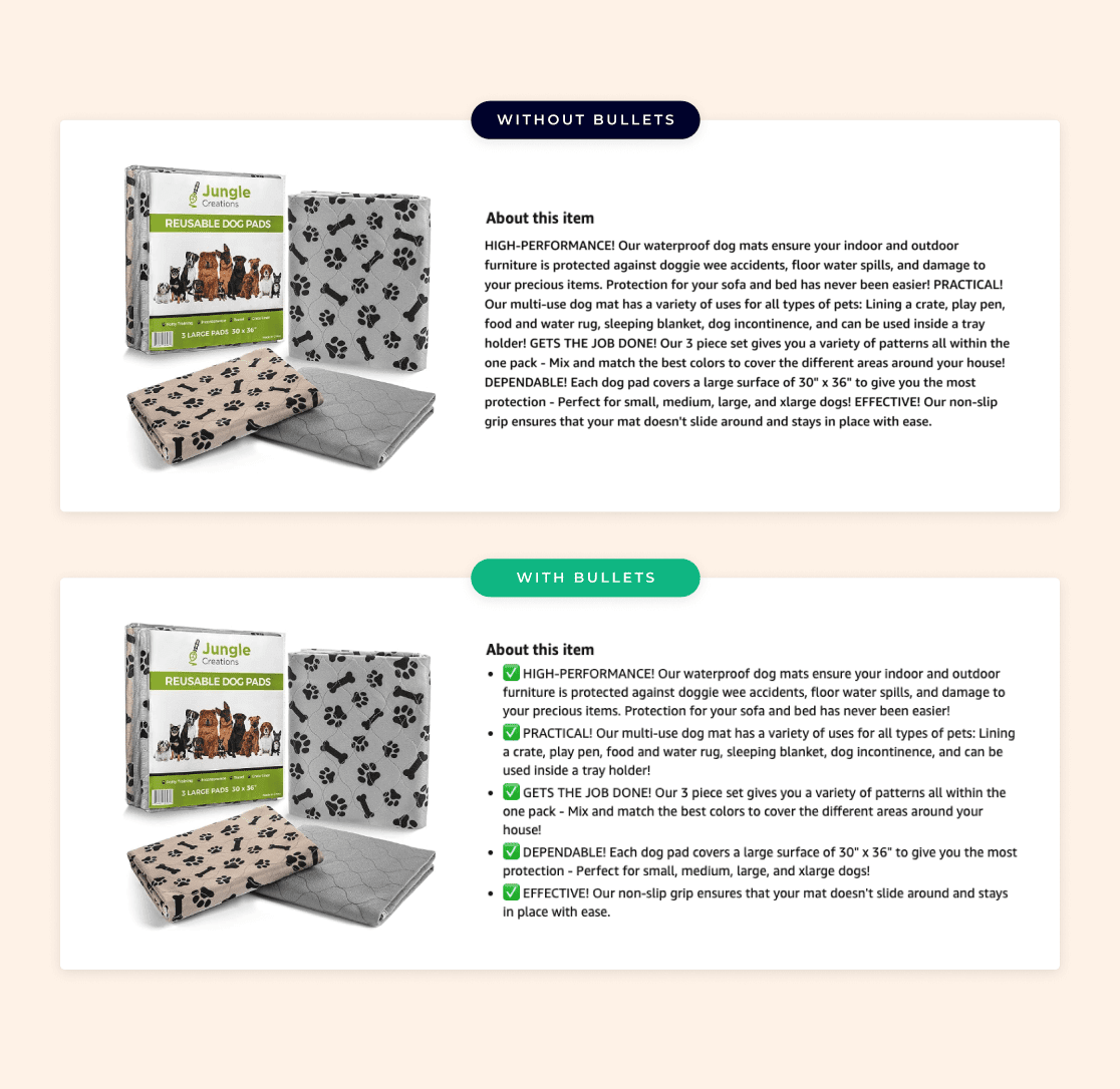 Screenshot of a bulleted list vs. non-bulleted list product description